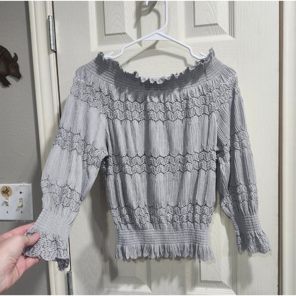 JOA Los Angeles Gray Crochet Smocked Off Shoulder Blouse Top S/M‎ Long Sleeve